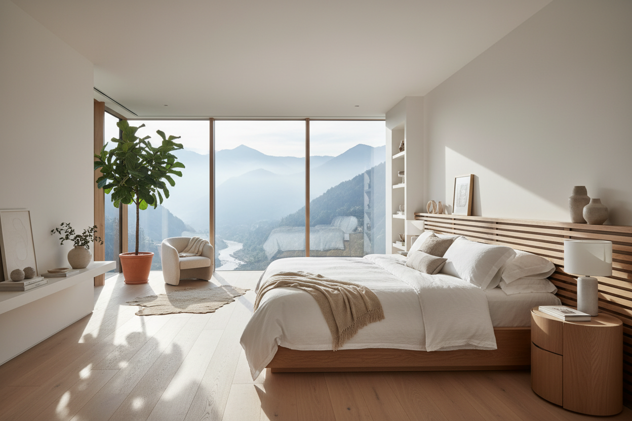 Bright luxury bedroom with panoramic windows