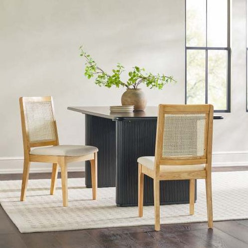 Modern Solid Wood Dining Chairs Set of 2 with Rattan Inset Back - Natural Finish