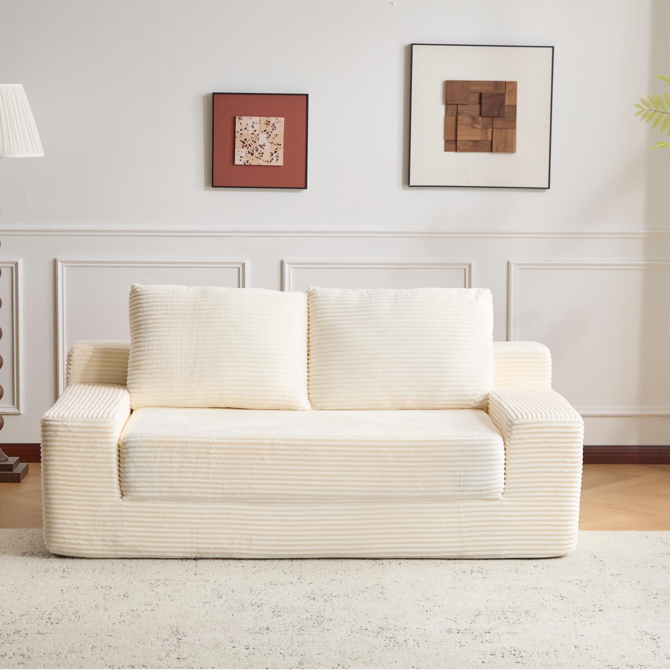 White Corduroy Loveseat Sofa - Deep Seat 2-Seater Couch with Memory Foam, No Assembly