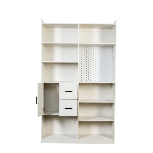 Bookshelf And Bookcase With Pegboard And Drawer, 9 Cubby Display Book Shelves, Modern Wide Wood Shelving Unit For Living Room, White