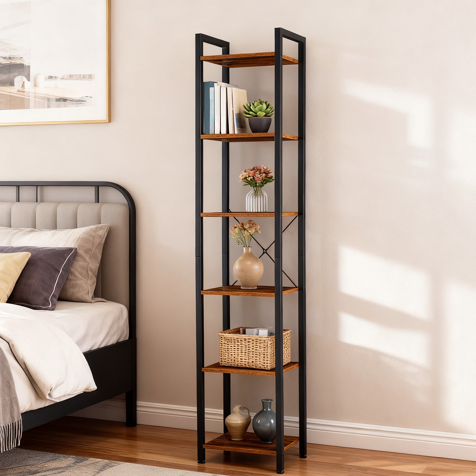 Narrow Bookshelf Tall Skinny Bookcase 6 Tier Storage Rack Rustic Corner Shelf Metal Frame Small Freestanding Bookshelves Industrial Display Stand
