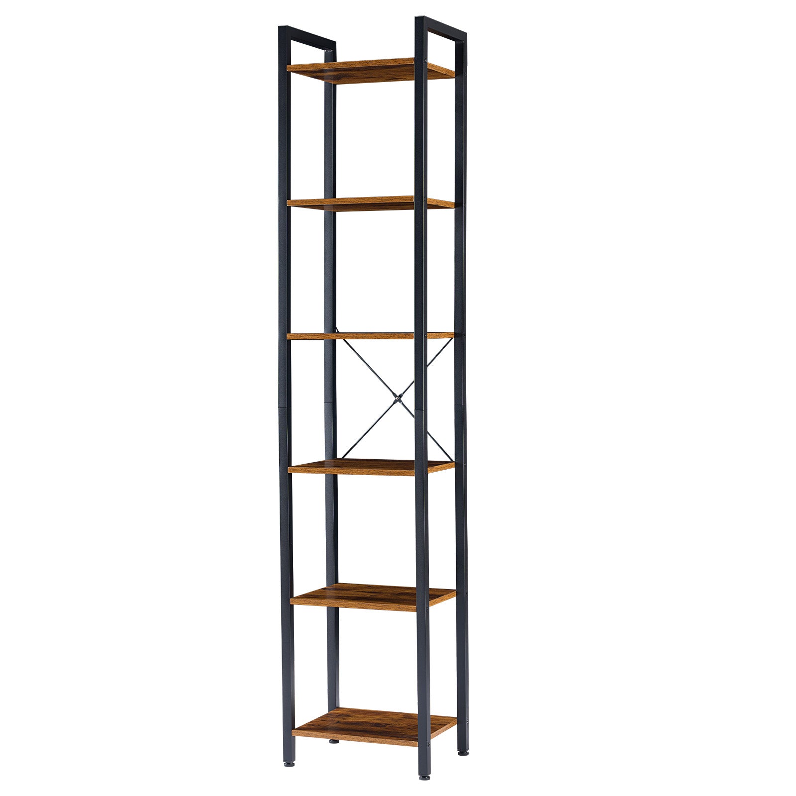 Narrow Bookshelf Tall Skinny Bookcase 6 Tier Storage Rack Rustic Corner Shelf Metal Frame Small Freestanding Bookshelves Industrial Display Stand