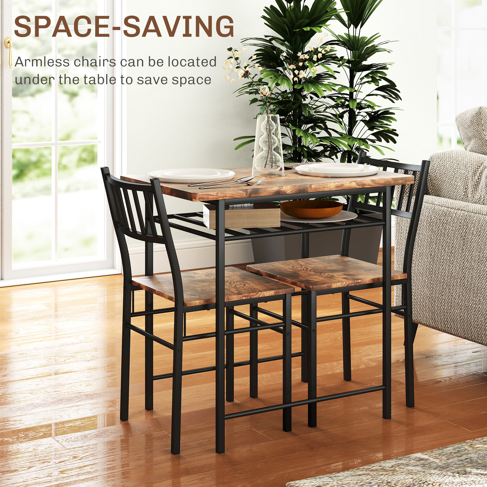 3-Piece Small Dining Table Set for 2 - Industrial Style with Storage Shelf