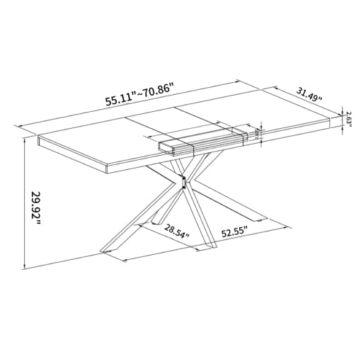 Retro Rectangular Stretch Dining Table, Grey Carole Top With Black Embossed Center Plate, Black Fine Sand Cross Iron Foot Base Dining Table, With Storage Box