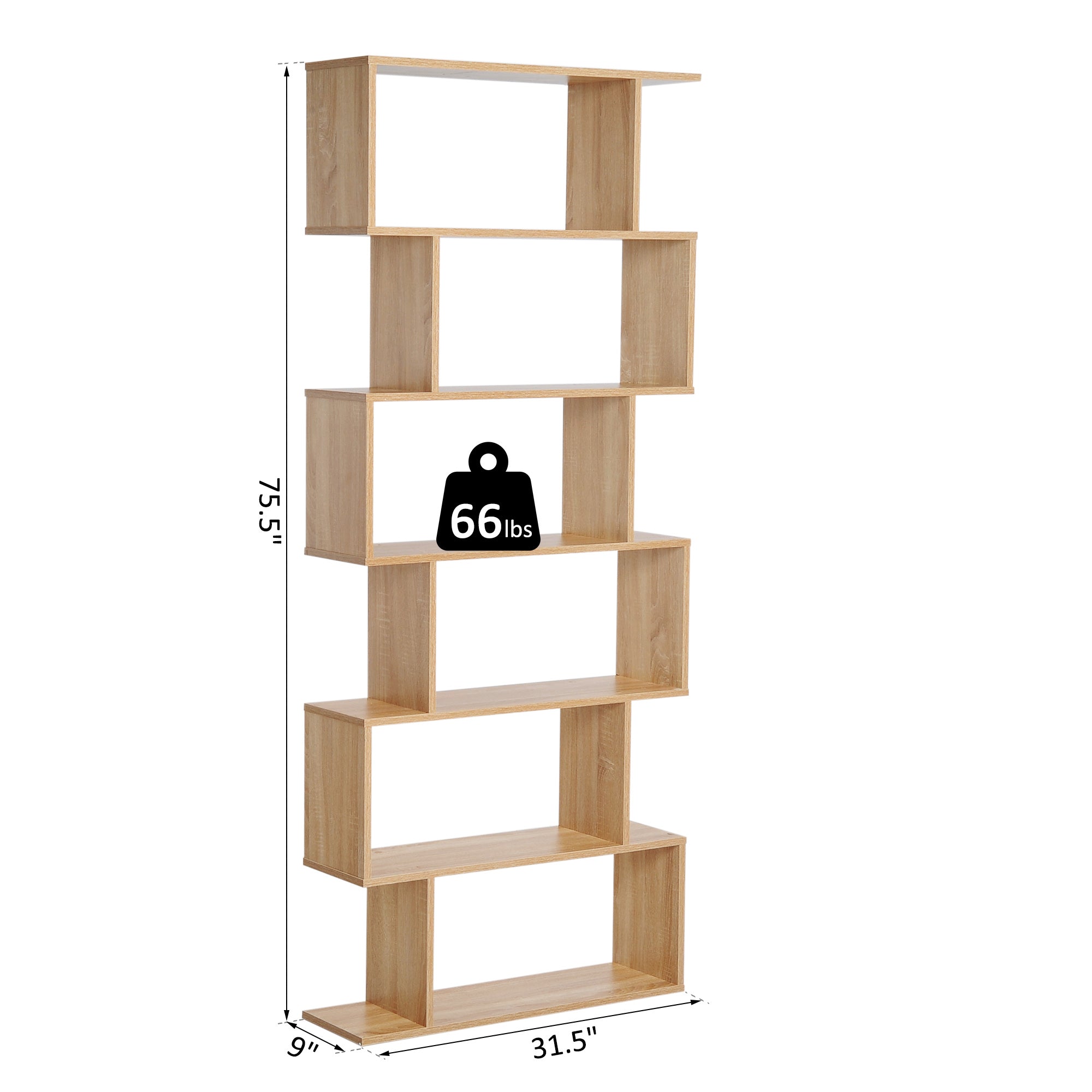 75.5" H Bookcase 6 Shelf S-Shaped Bookshelf Storage Display Stand Shelf Organizer Free Standing