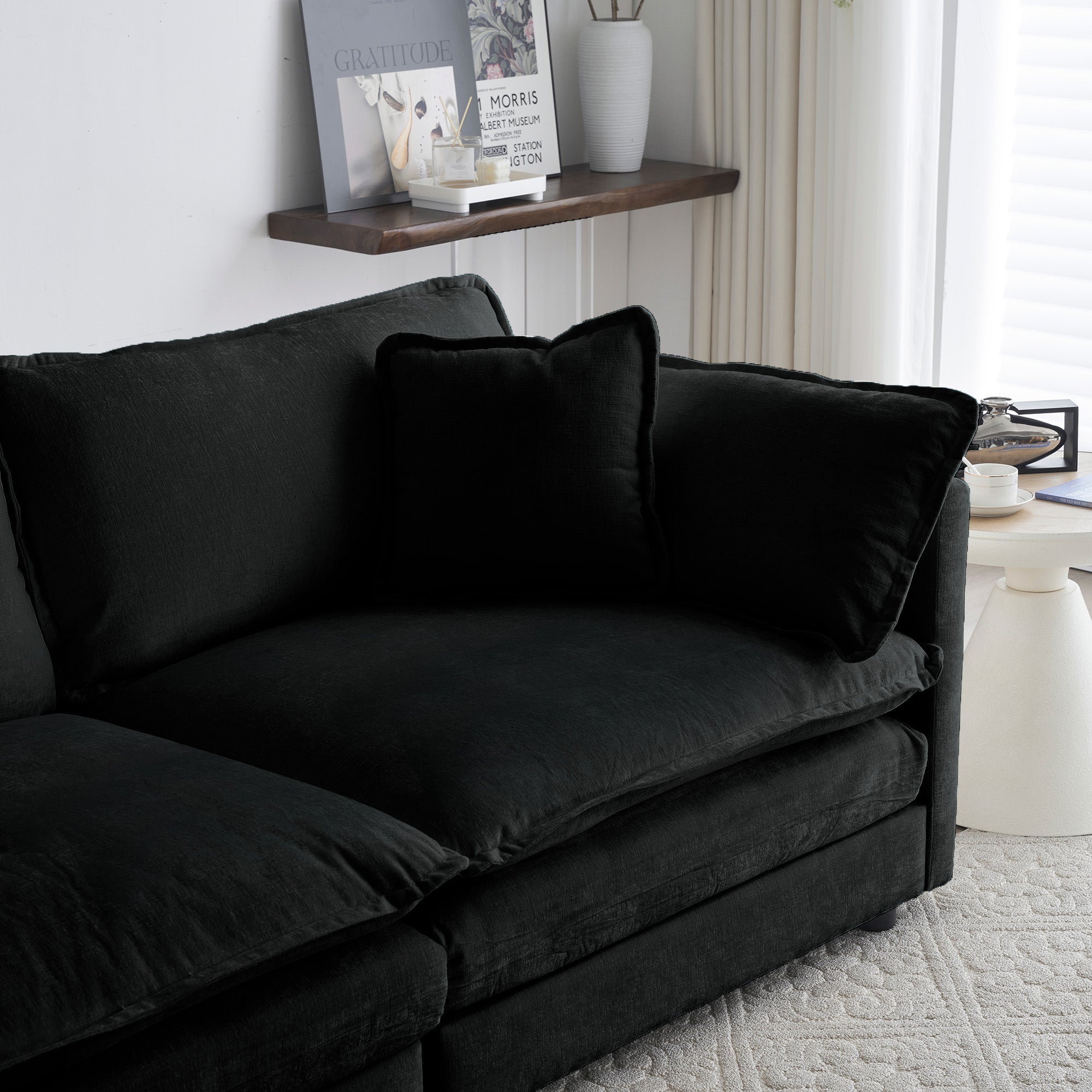 Black Chenille Loveseat Sofa - Modern Deep Seat 2-Seater Couch with 4 Pillows