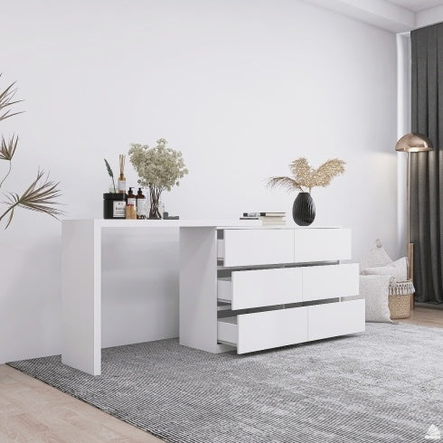 6-Drawer Dresser with Extended Desktop - Modern Handleless Design, White