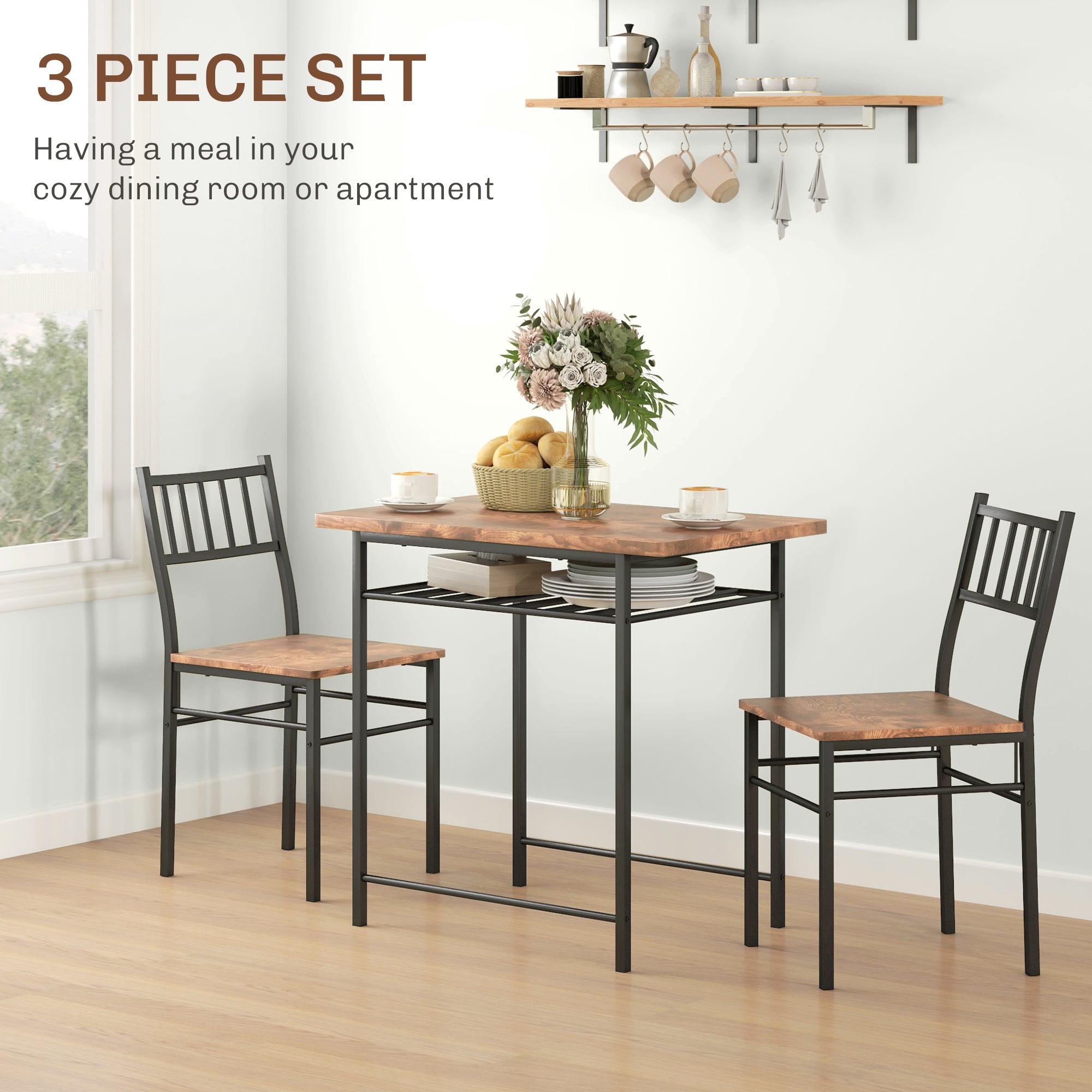 3-Piece Small Dining Table Set for 2 - Industrial Style with Storage Shelf