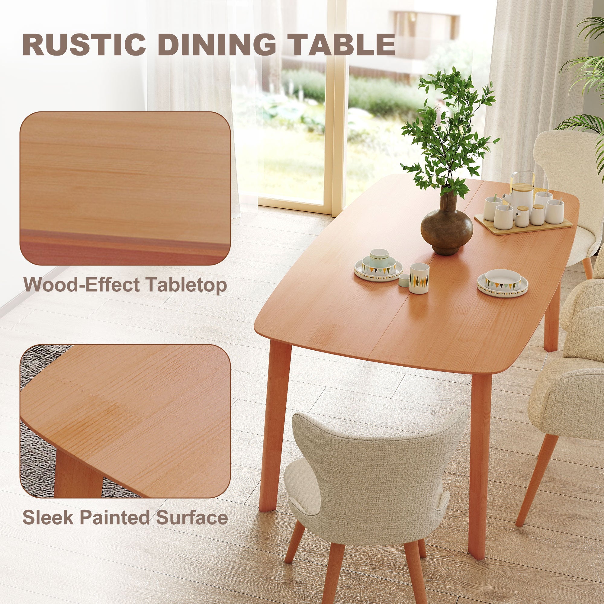 Pine Wood Dining Table for 6, 59" Rustic Rectangular Kitchen Table with Large Tabletop for Dining Room, Natural