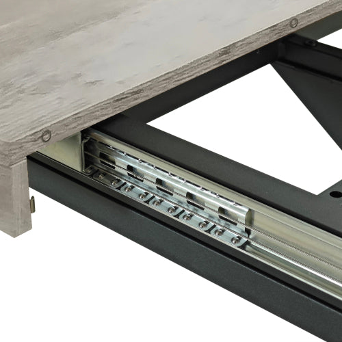 Retro Rectangular Stretch Dining Table, Grey Carole Top With Black Embossed Center Plate, Black Fine Sand Cross Iron Foot Base Dining Table, With Storage Box