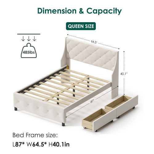 Queen Upholstered Bed Frame with Storage Drawers - Metal Platform, No Box Spring Needed