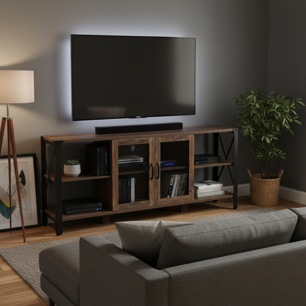 TV Stand - Industrial Farmhouse Entertainment Center with Open Shelves, Wood and Metal Media Console