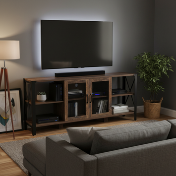 TV Stand - Industrial Farmhouse Entertainment Center with Open Shelves, Wood and Metal Media Console