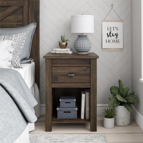 Farmington Rustic Nightstand - Farmhouse Style with Drawer & Open Shelf, Brown