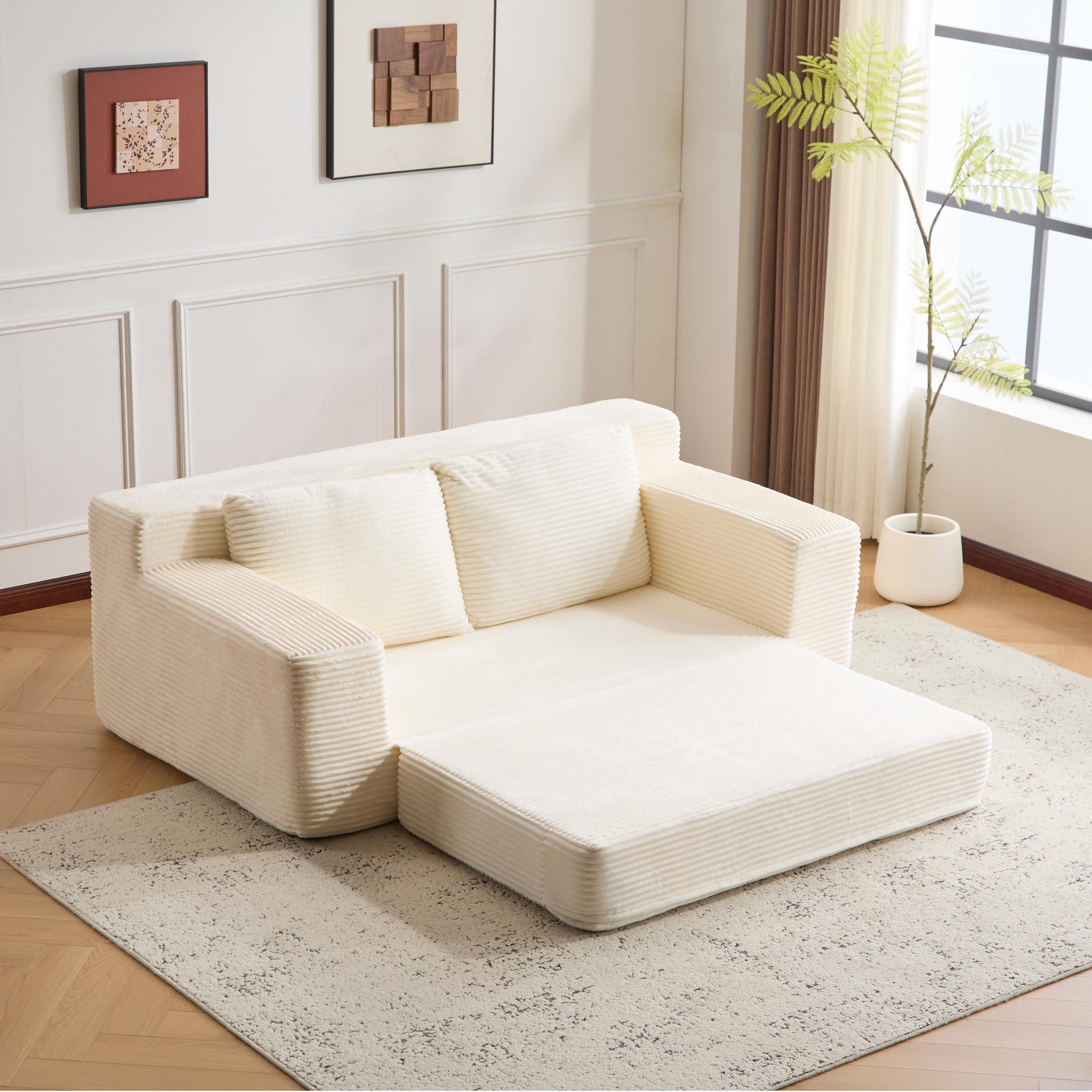 White Corduroy Loveseat Sofa - Deep Seat 2-Seater Couch with Memory Foam, No Assembly