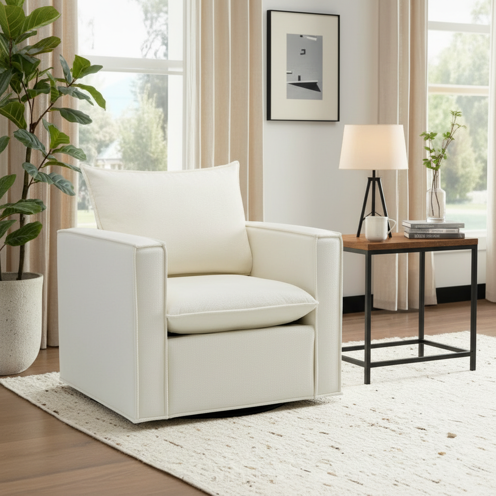 Beige swivel chair in bright living room