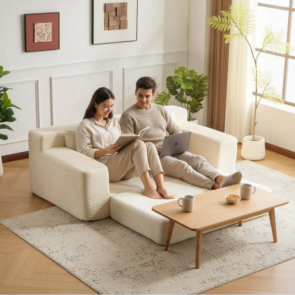 Couple relaxing on white loveseat