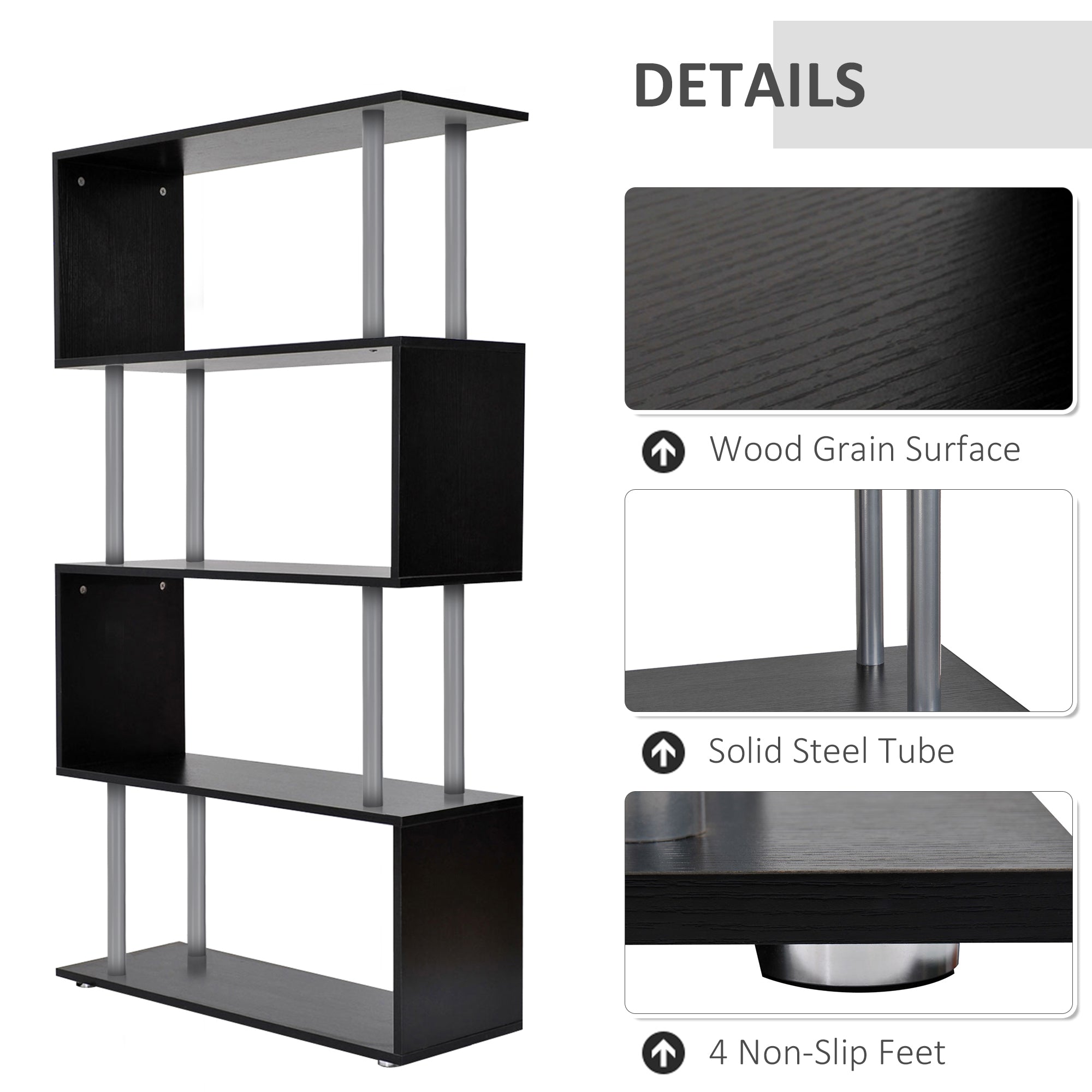 5-Tier Bookcase S-Shaped Wooden Storage Shelf Modern Decorative For Home And Office Black