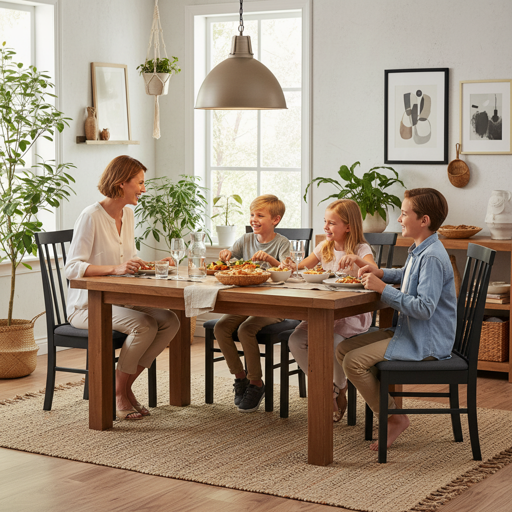 Family dining together on farmhouse chairs