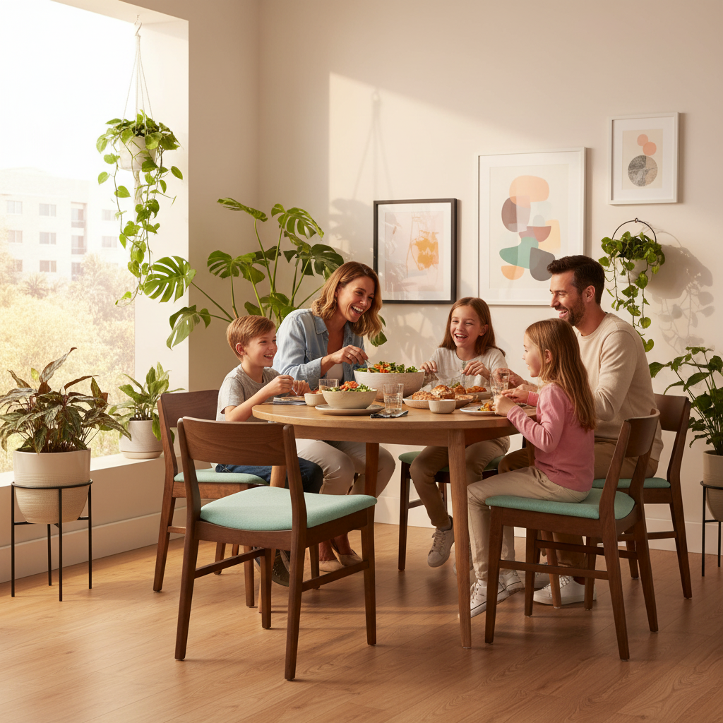 Family dining together on mint chairs
