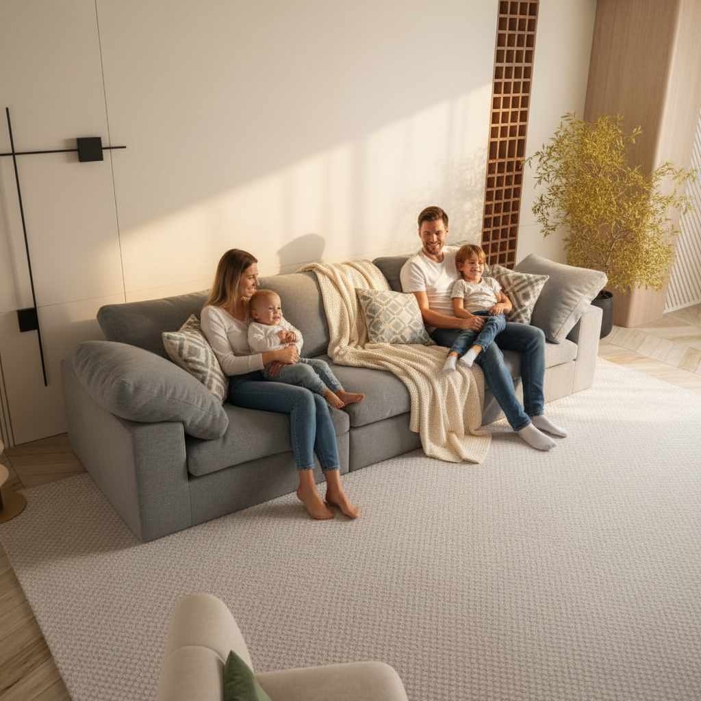 Family relaxing on cloud sofa