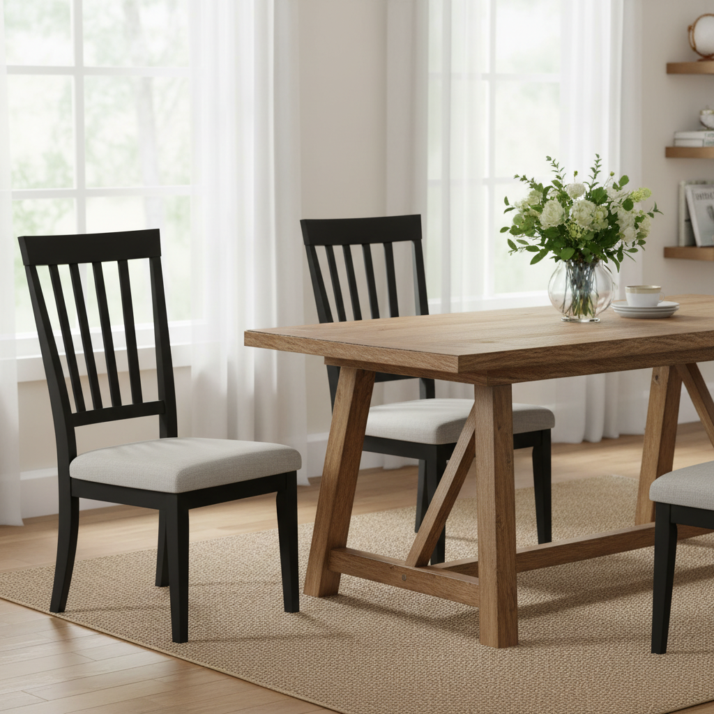 Farmhouse dining chairs in bright dining room