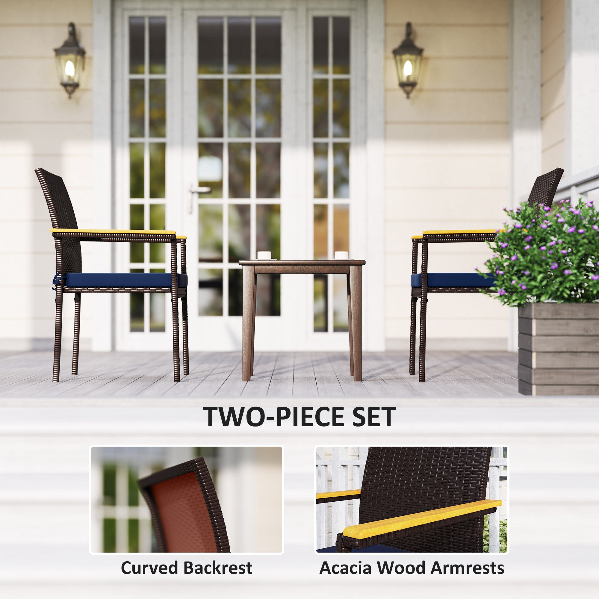 Stackable Patio Dining Chairs Set of 2 with Cushions - Acacia Wood Armrests & Weather-Resistant Wicker