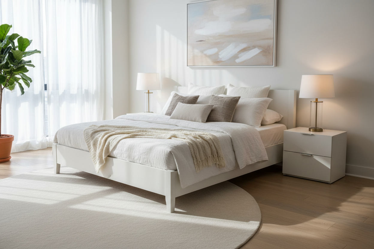Modern White Queen Platform Bed - Styled Bedroom
