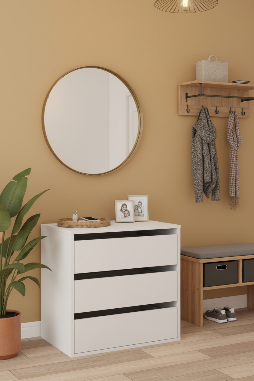 White chest used as stylish entryway organizer with mirror and decor