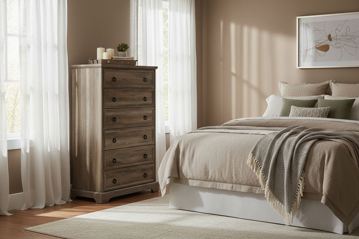 Contemporary guest bedroom with dresser and natural sunlight streaming through curtains