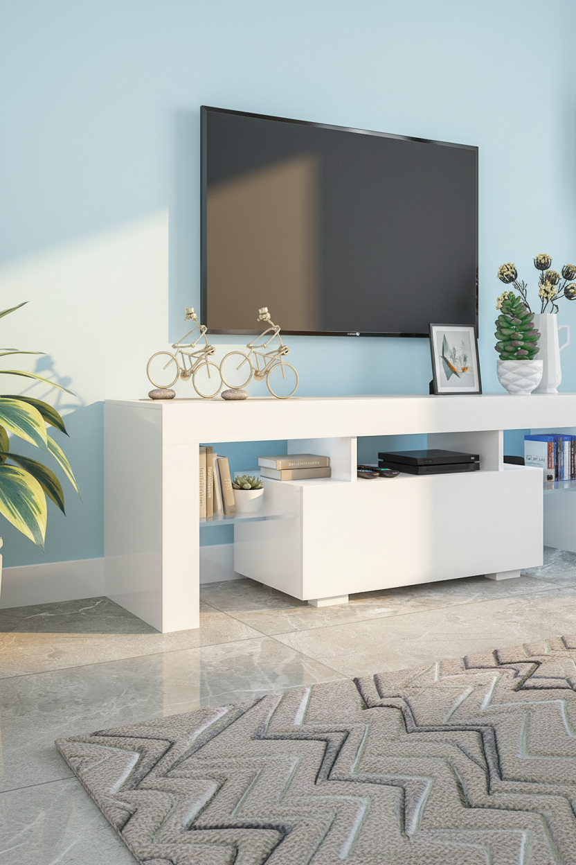 Close-up of open compartments with organized media devices and decorative items