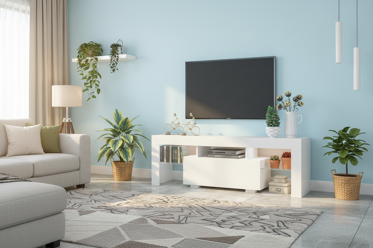 Modern white TV stand with open shelving and center drawer in styled living room
