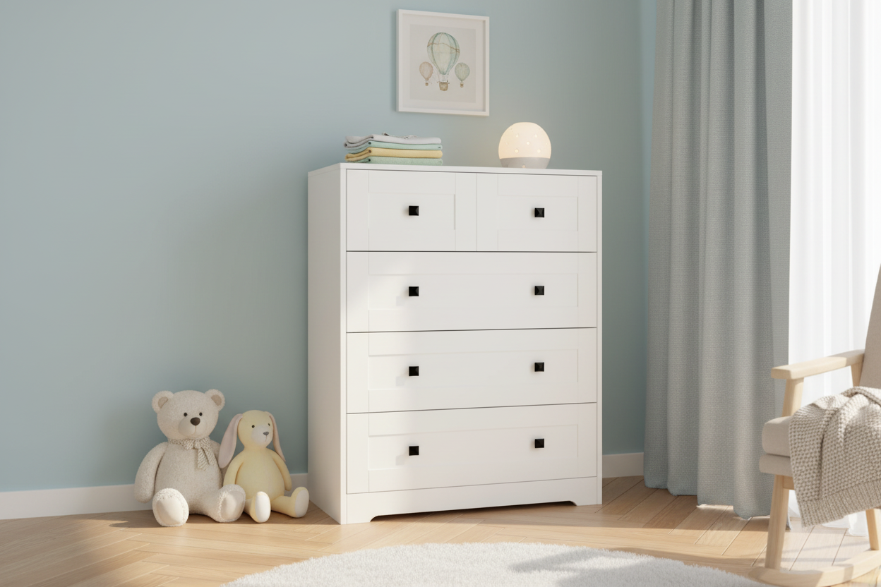 Clean white dresser in charming nursery room with baby essentials and soft decor