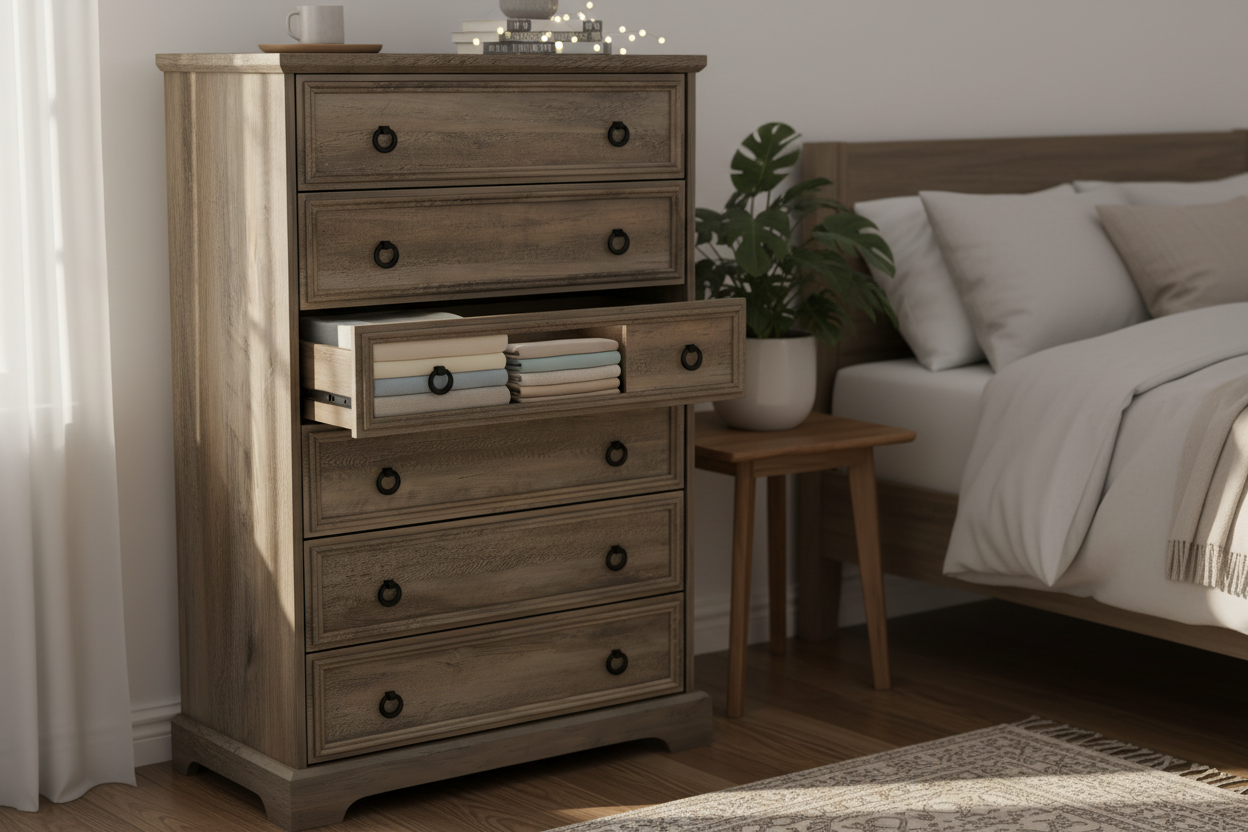 Dresser in cozy bedroom corner with open drawer showing organized storage