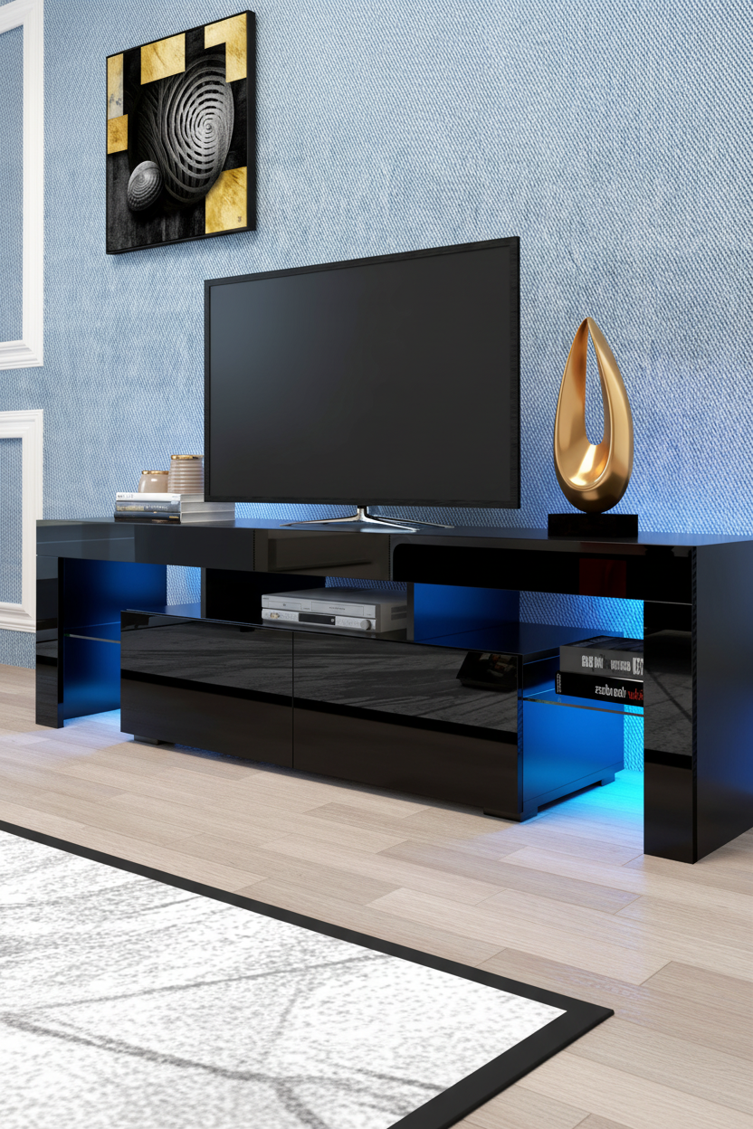 Close-up of LED light details and push-open door storage compartments