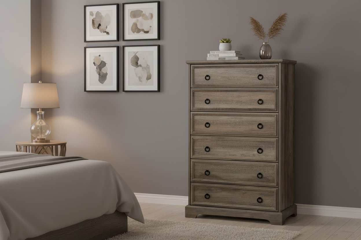 Dresser in stylish master bedroom with evening ambiance and elegant decor