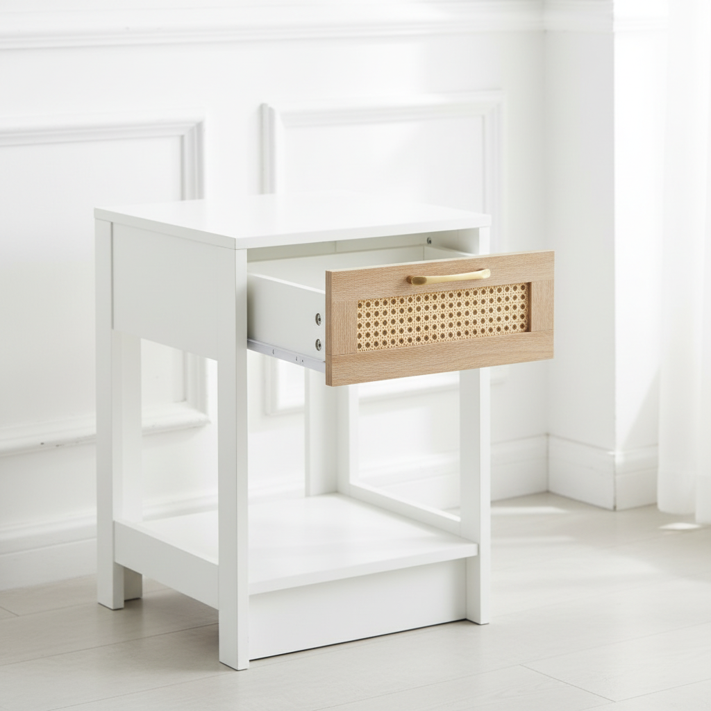 White Rattan Nightstand - Detail