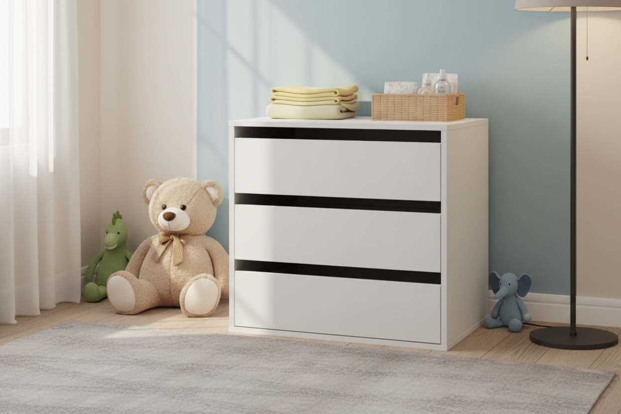 Compact white chest in charming nursery room with baby essentials and soft decor