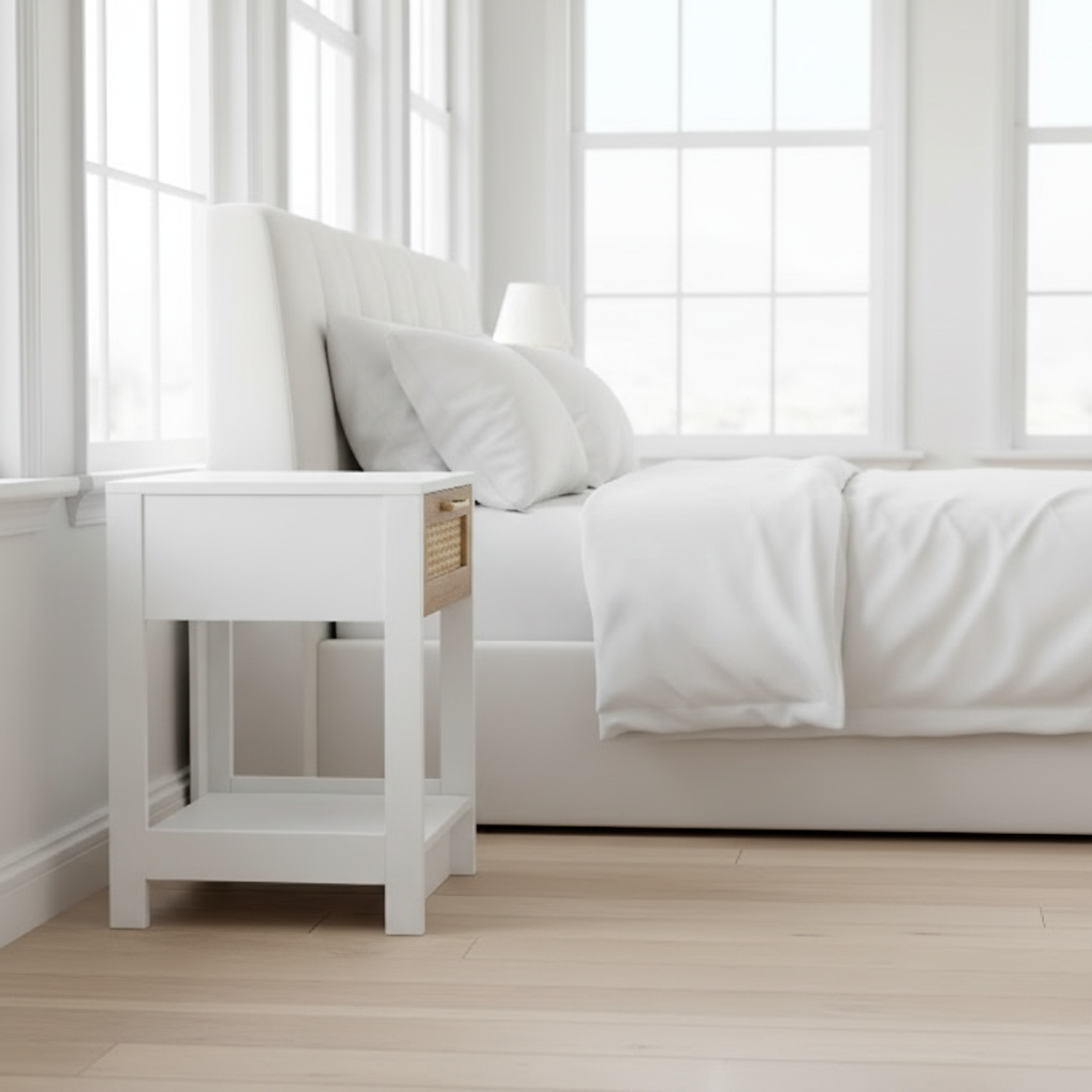 White Rattan Nightstand - Side View
