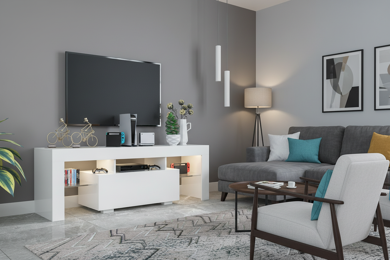 White entertainment center in contemporary living room with gaming consoles