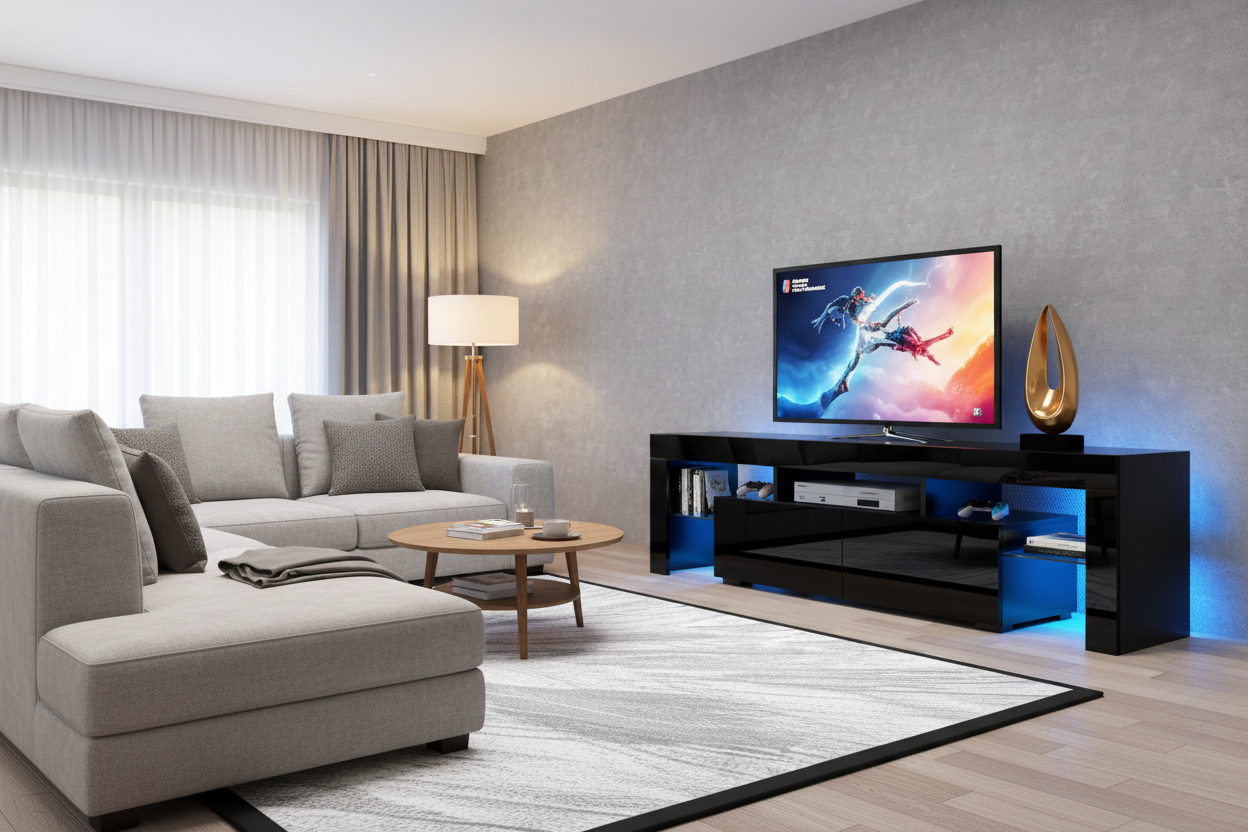 Black entertainment center in contemporary living room with organized media setup