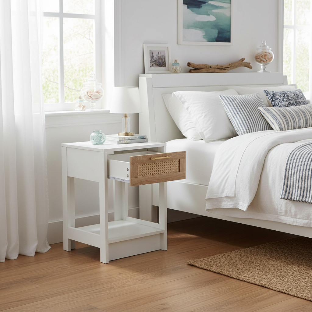 White Rattan Nightstand - Angle View