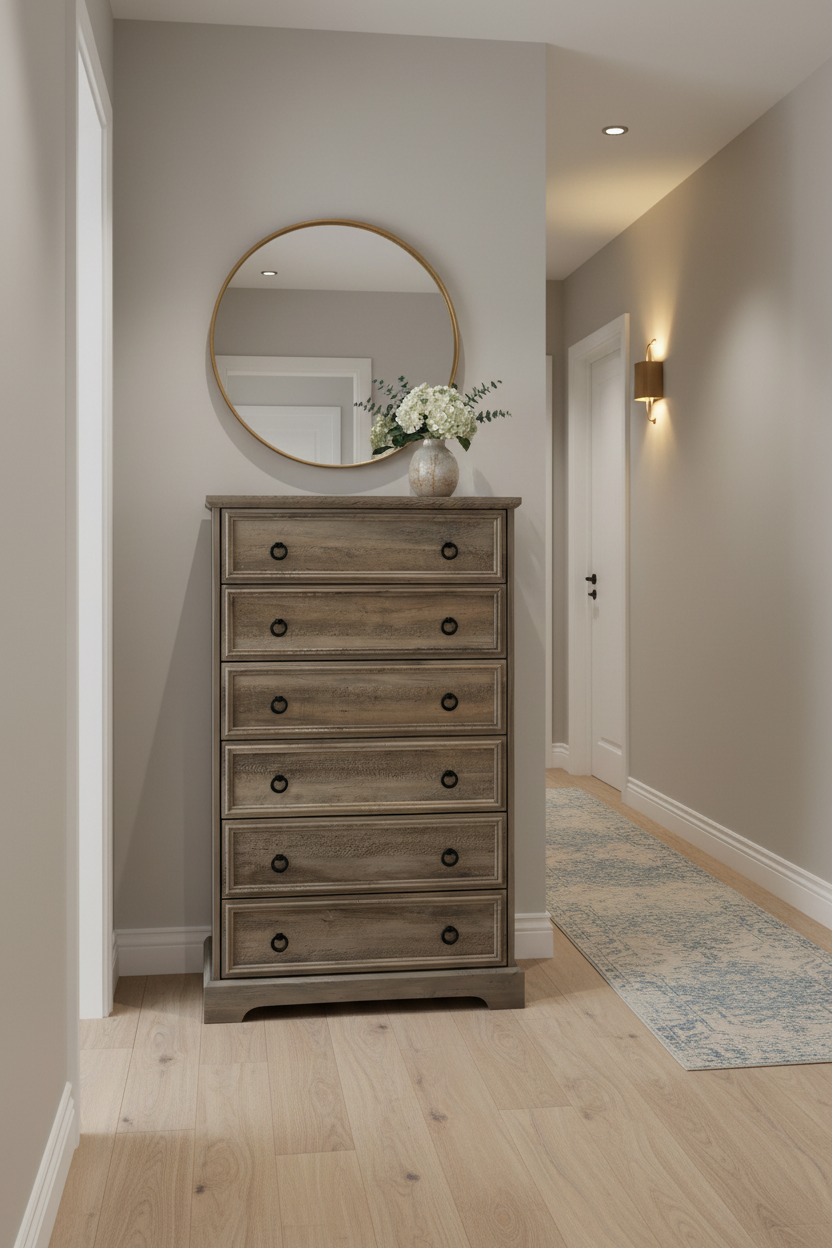 Tall dresser styled in contemporary hallway with decorative mirror and flowers