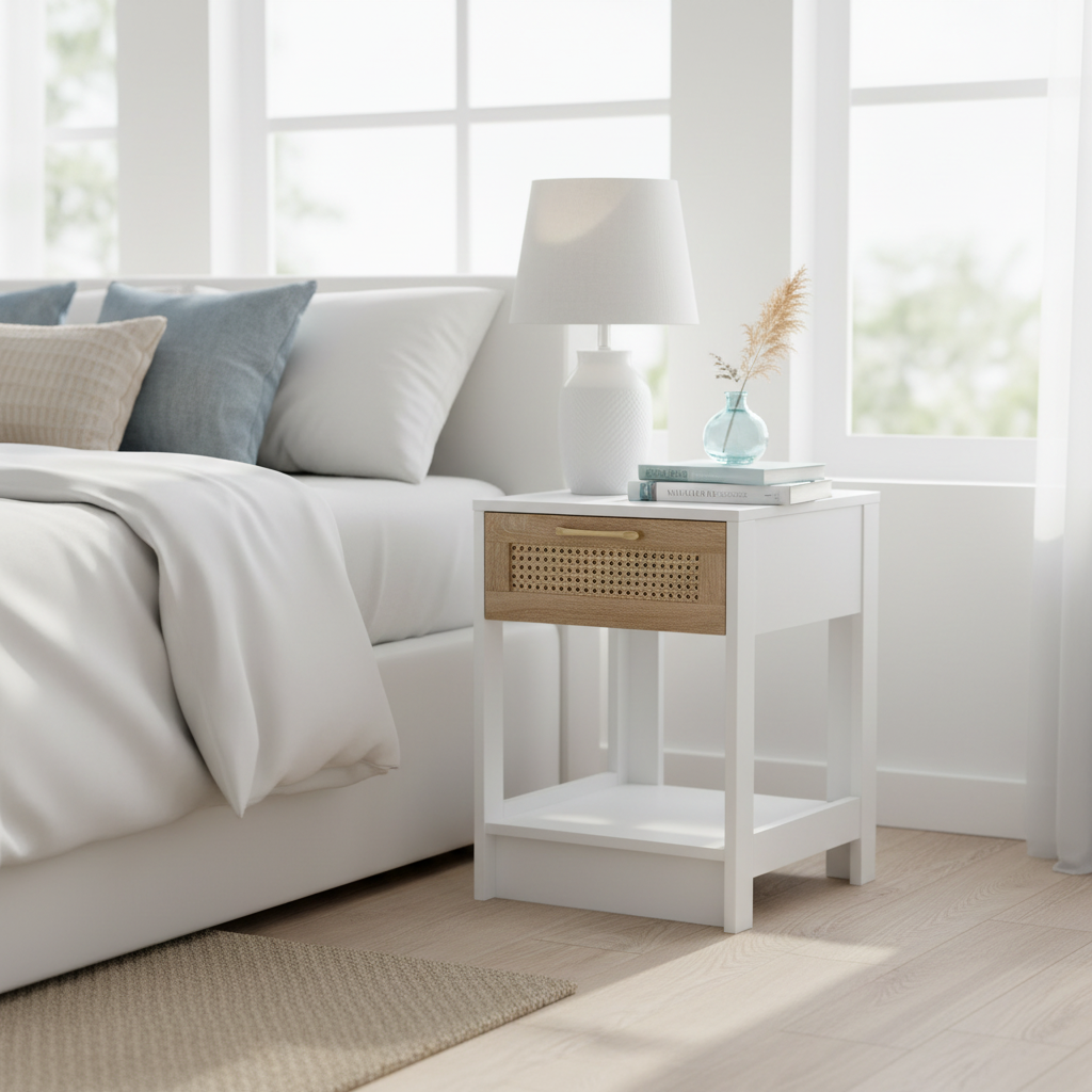 White Rattan Nightstand - Front View