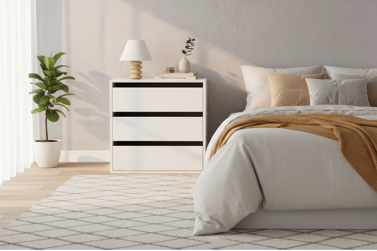 White 3-drawer chest with black horizontal handles styled in modern bedroom with natural lighting