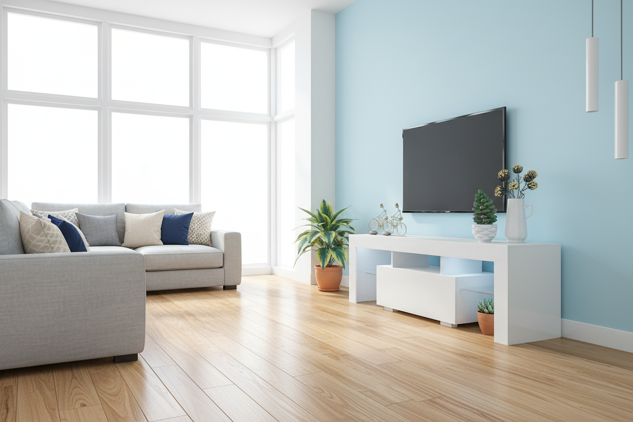 Bright modern living room with white TV stand and natural lighting