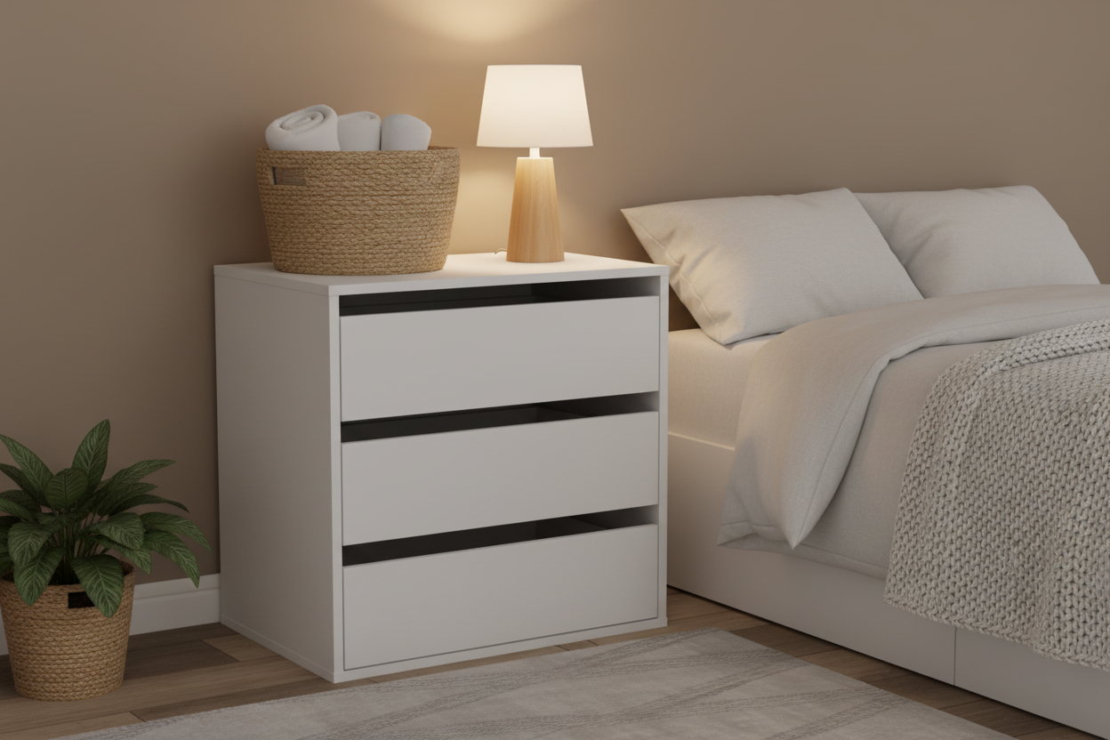 White storage chest in guest bedroom with Scandinavian decor and warm lighting