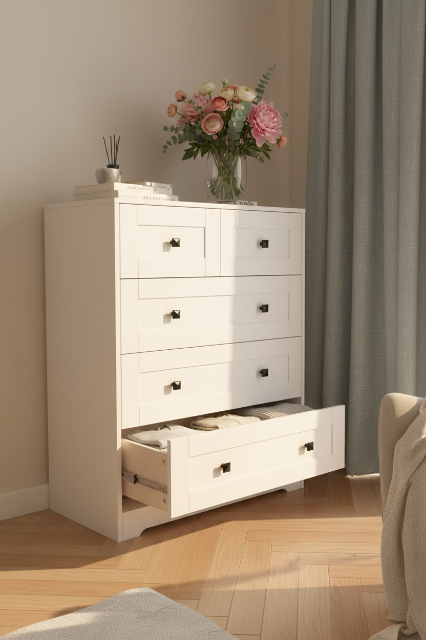 Close-up of white dresser with open drawer showing organized storage and fresh flowers