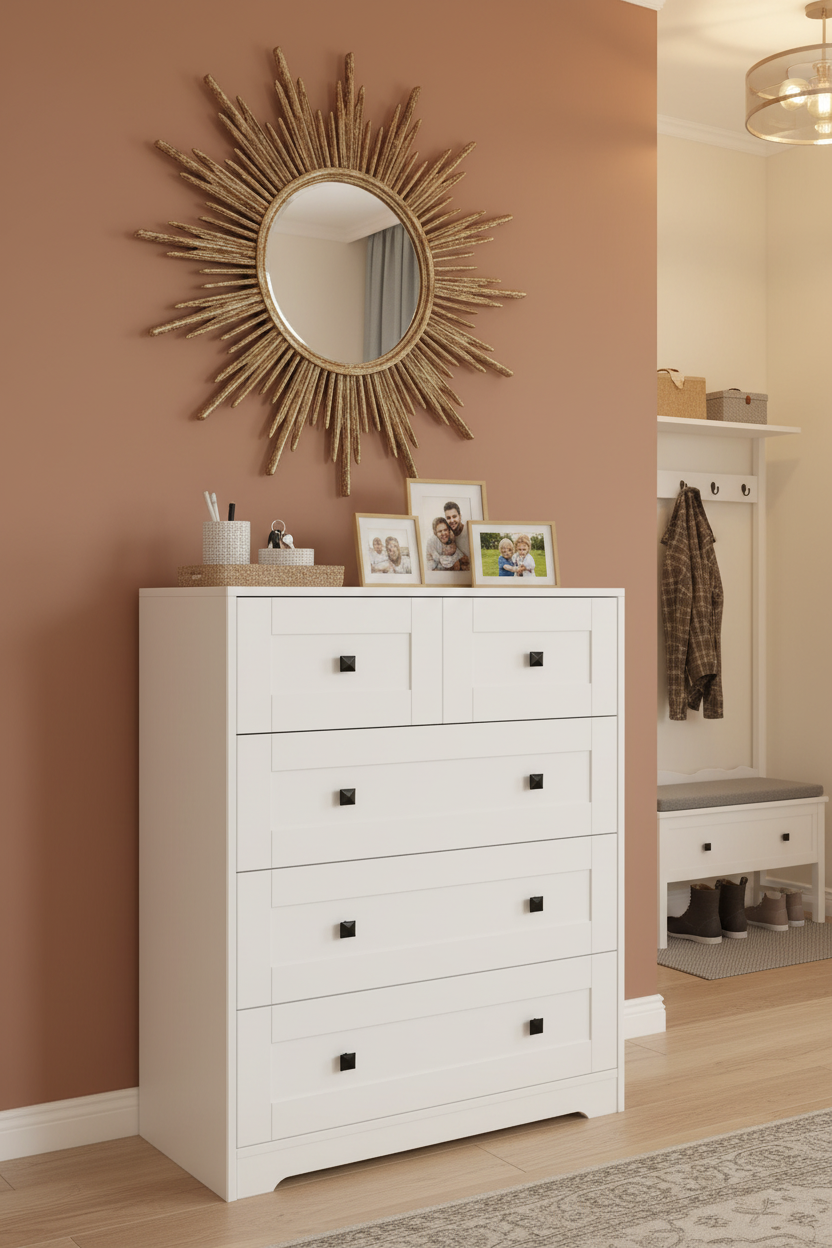 White dresser used as stylish entryway organizer with mirror and decor
