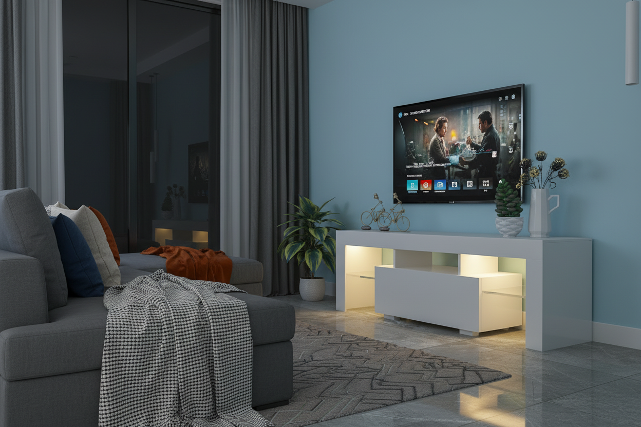 TV cabinet with LED ambient lighting for intimate movie night atmosphere
